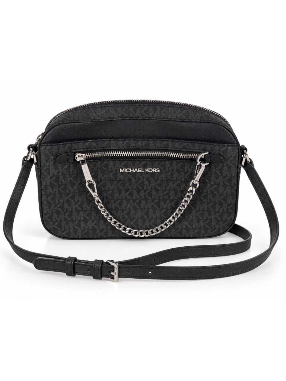 Michael Kors Black Signature Logo Canvas Crossbody Camera Bag Chain Detail
